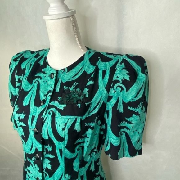 Vintage 80’s petite jazz ladies dress midi button front puff sleeve size 8 USA - Picture 4 of 15